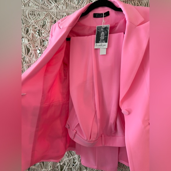NEW! CHIC SKINNY LEG LAPEL SINGLE BREASTED TAILORED BLAZER MATCHING SET - PINK - Picture 5 of 6